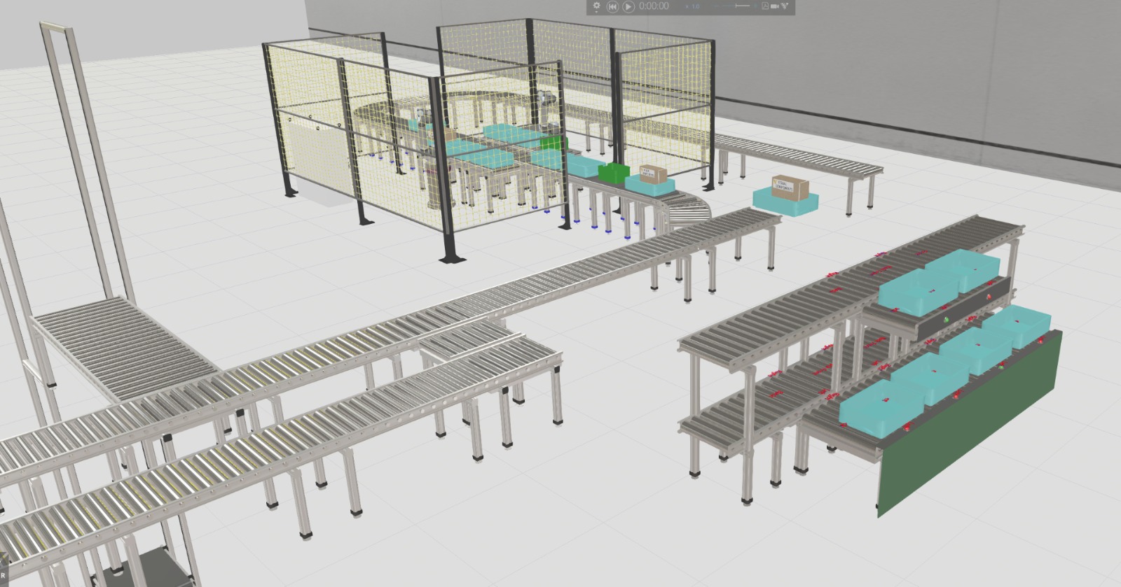Automated intralogistics concept with conveyor and work areas