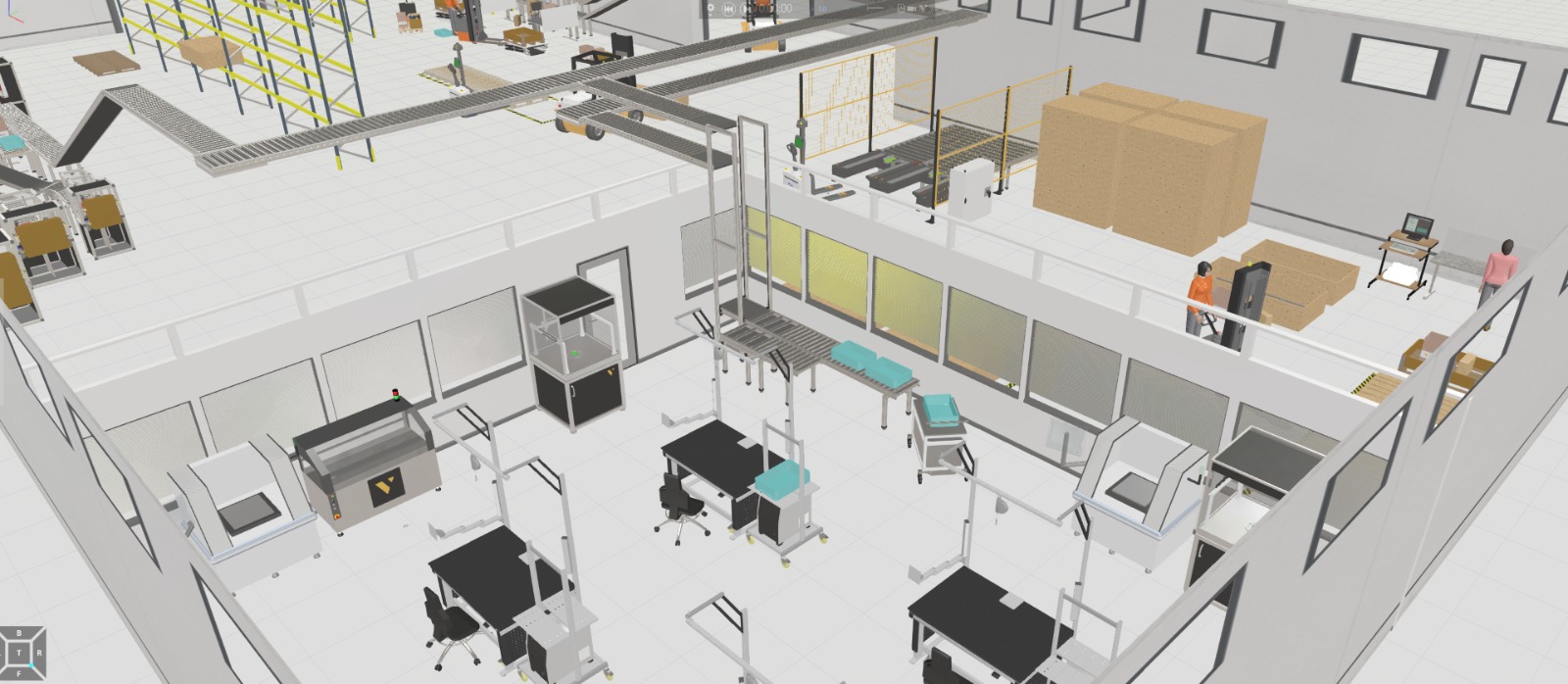 Factory logistics planning view with storage, picking, and production areas